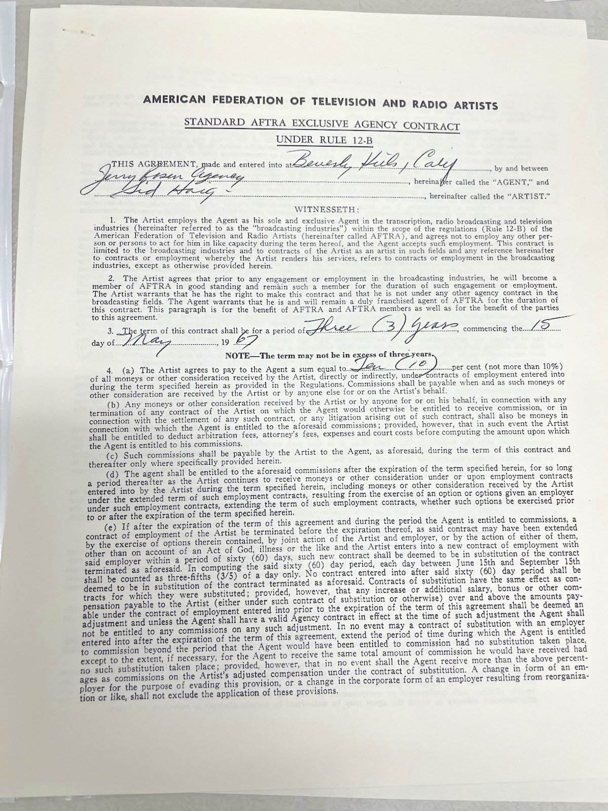 Original 1967 Sid Haig Signed American Federation of TV & Radio Artists Contract