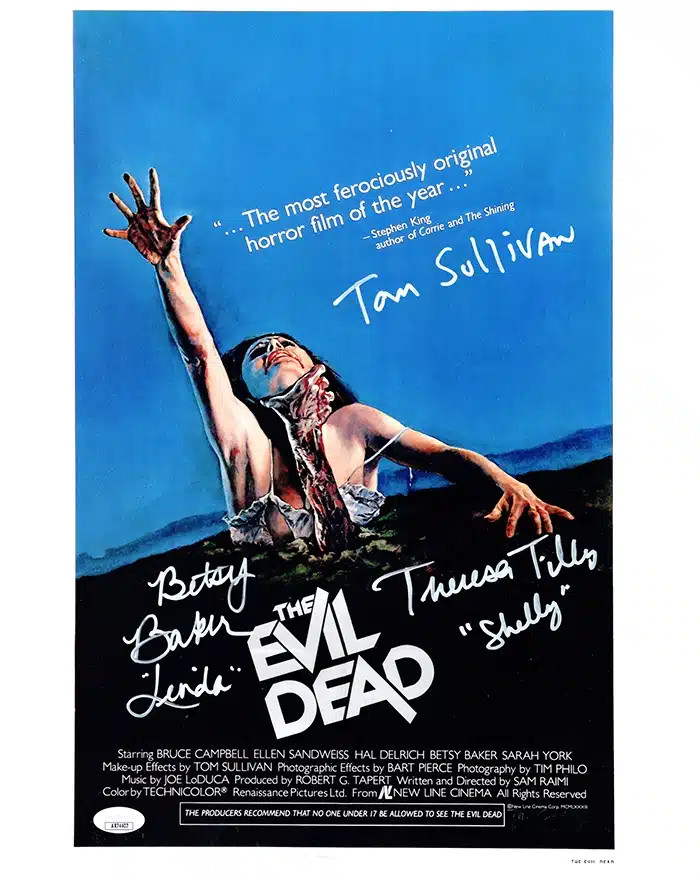 Tom Sullivan Betsy Baker Theresa Tilly Cast signed 11×17 Poster Evil Dead JSA
