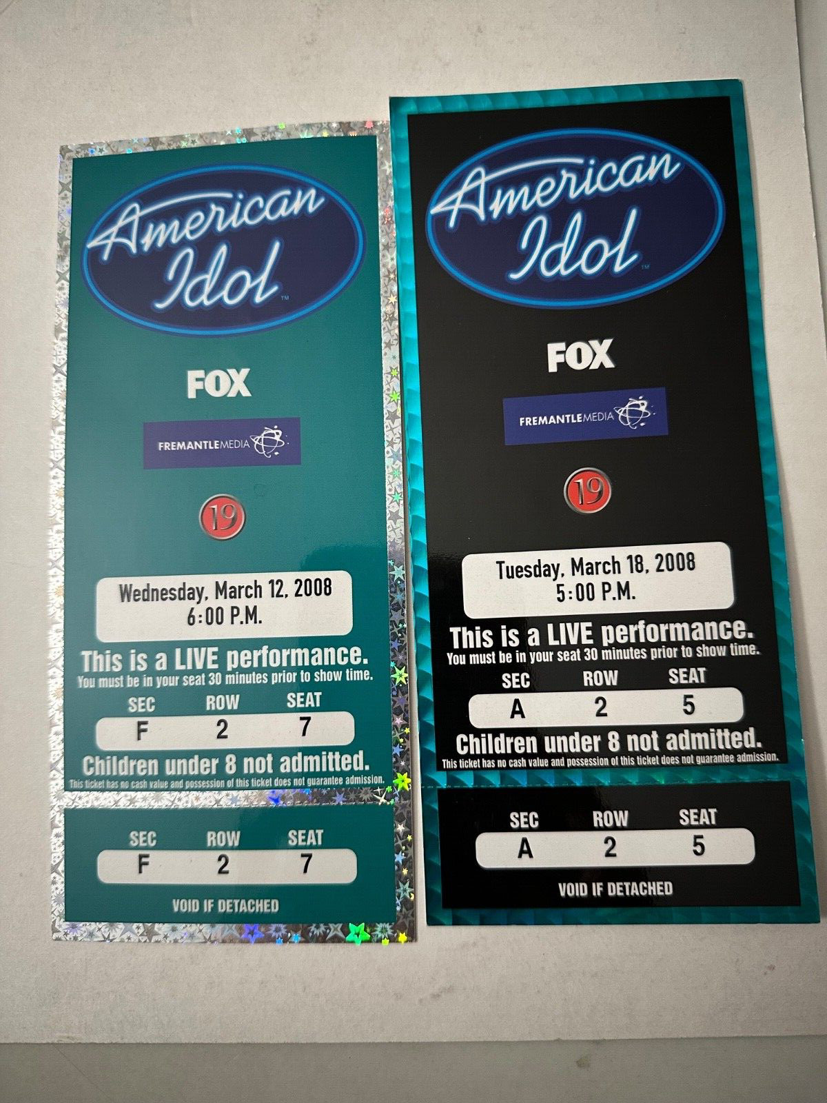 AMERICAN IDOL Live Performance Two Full TICKET STUBS – March 12 & 18, 2008!
