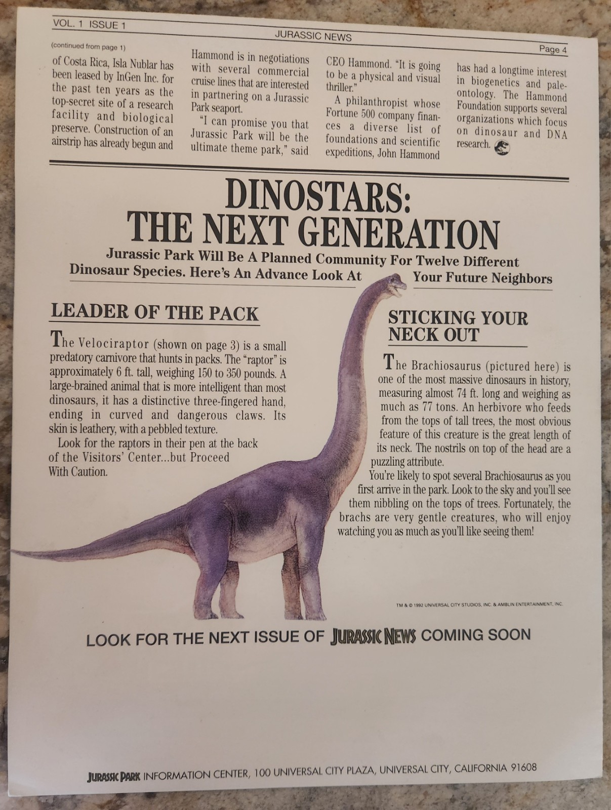 Original Feb 1993 Vol 1 Jurassic Newspaper Park Press Kit Promo Poster Brochure