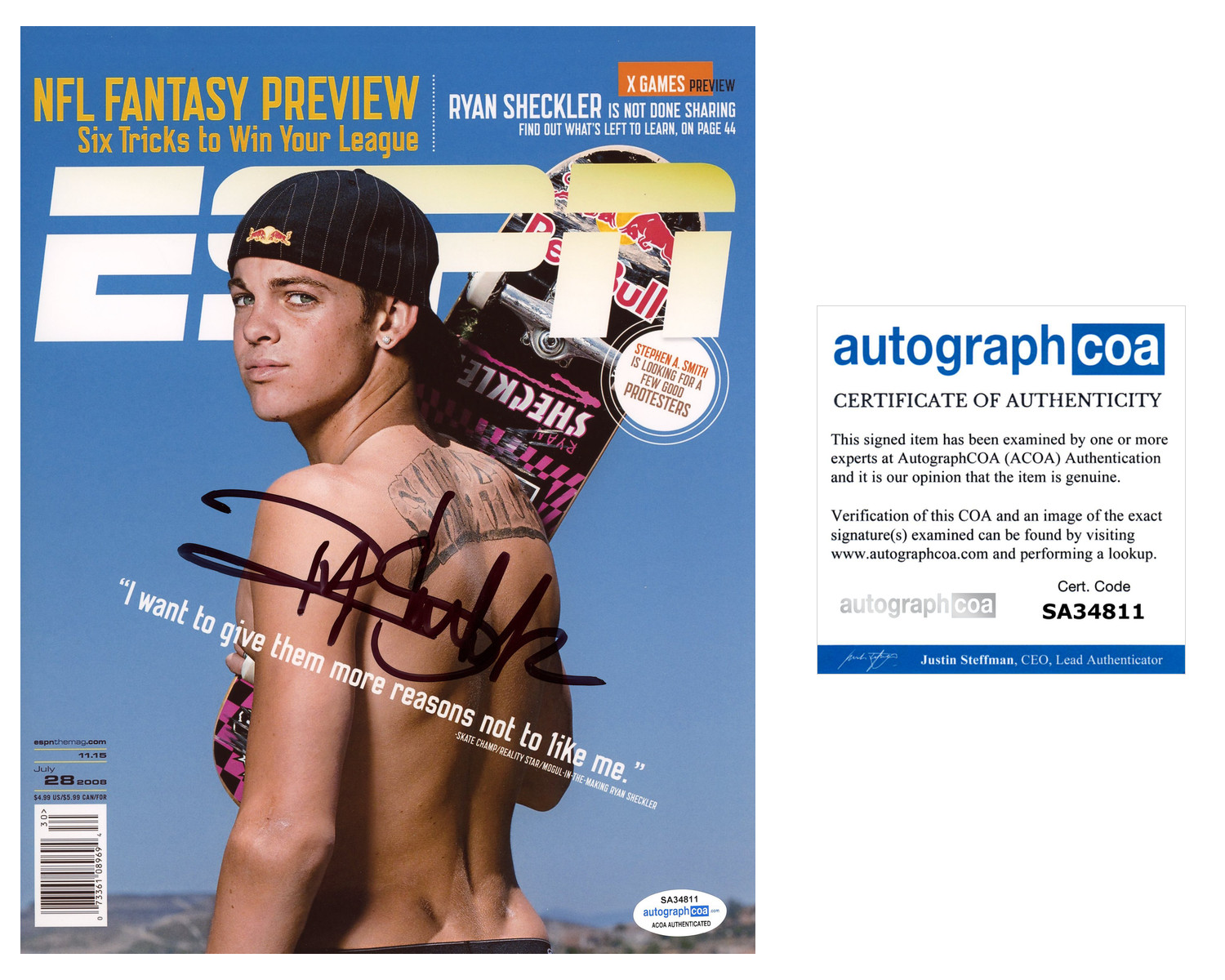 Ryan Sheckler Signed Autographed 28/07/08 ESPN Magazine 8×10 Photo PROOF ACOA A