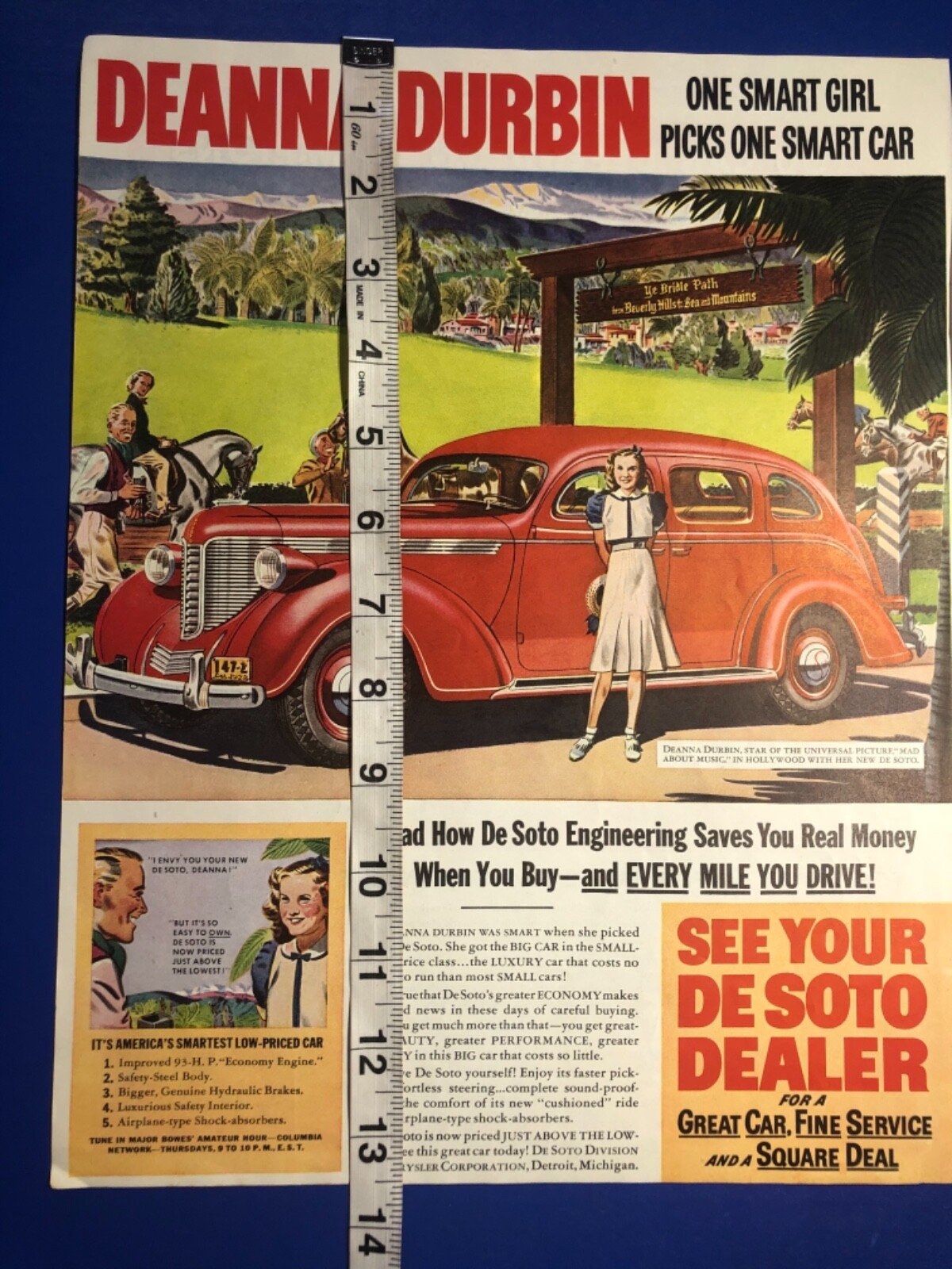 1930’s Deanna Durbin “Mad About Music” movie print De Soto car auto ad 13.5×10.5