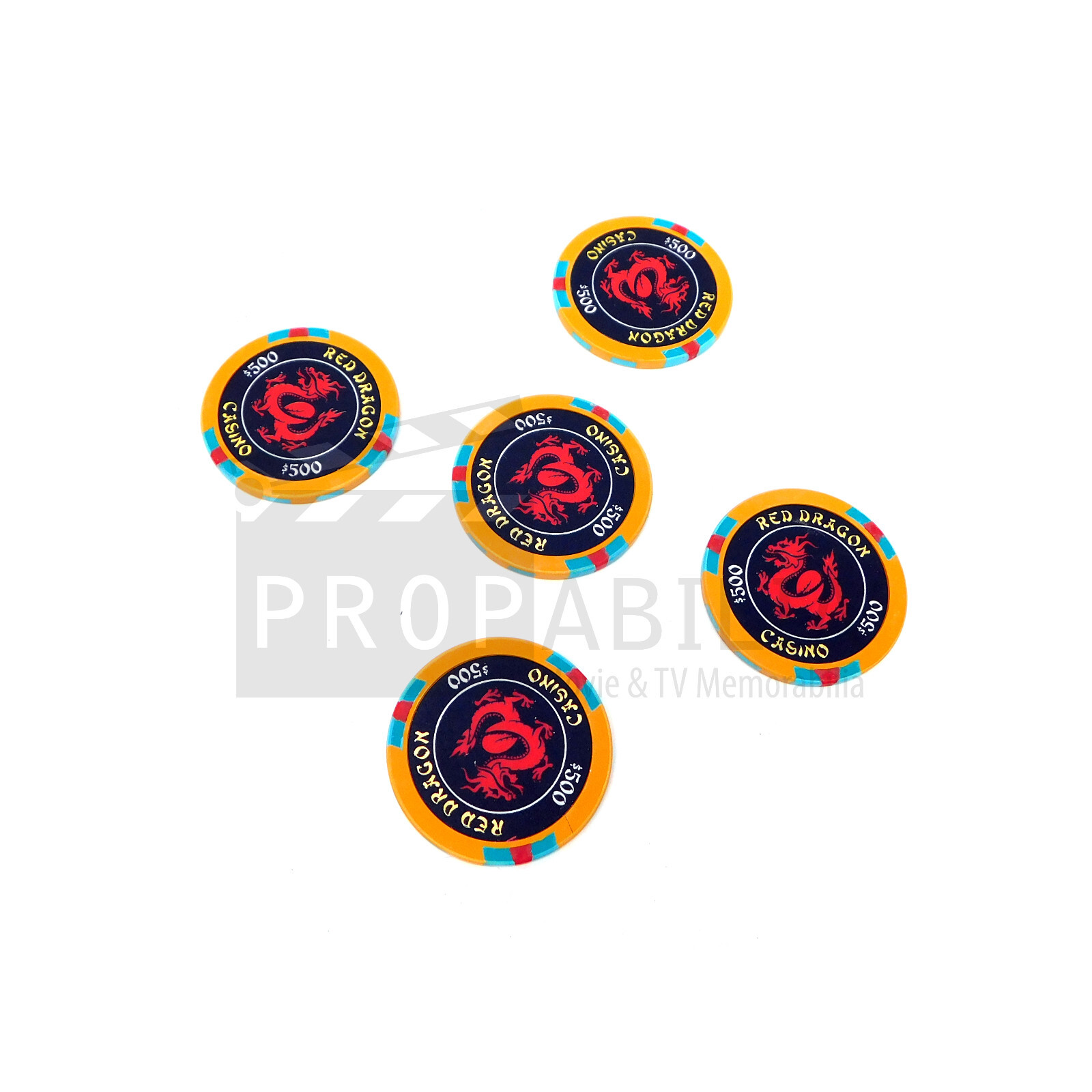 RUSH HOUR Set of 5 Gold Red Dragon Poker Chips Original Prop (1169)