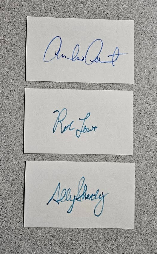ROB LOWE SIGNED EMILIO ESTEVEZ SIGNED & SHEEDY INDEX CARD AUTOGRAPH ST ELMO’S