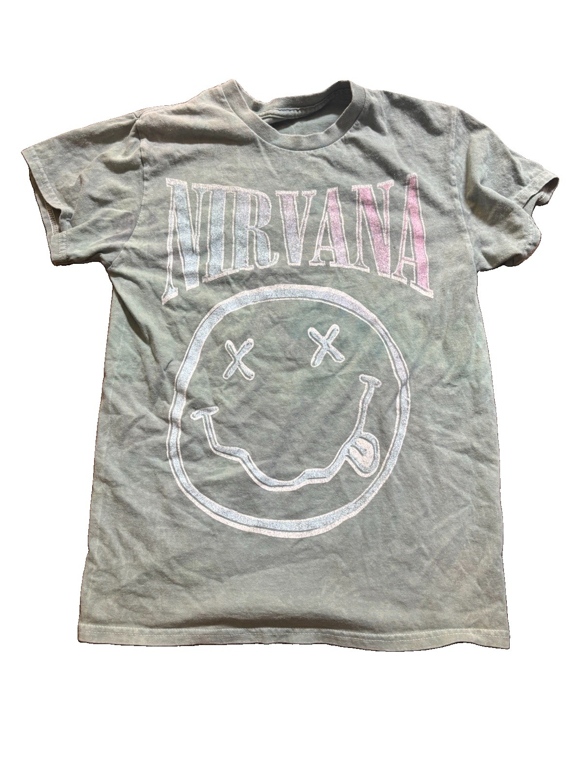 Nirvana Smiley Face Graphic Gray T-Shirt Size S Rock & Pop Music Tee