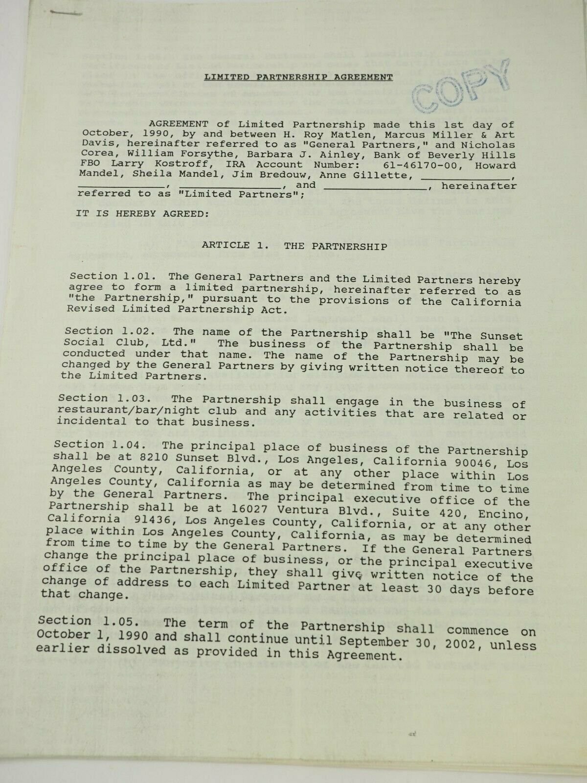 Hollywood Contract between Howie Mandel, William Forsythe, Roy Matlen and Others