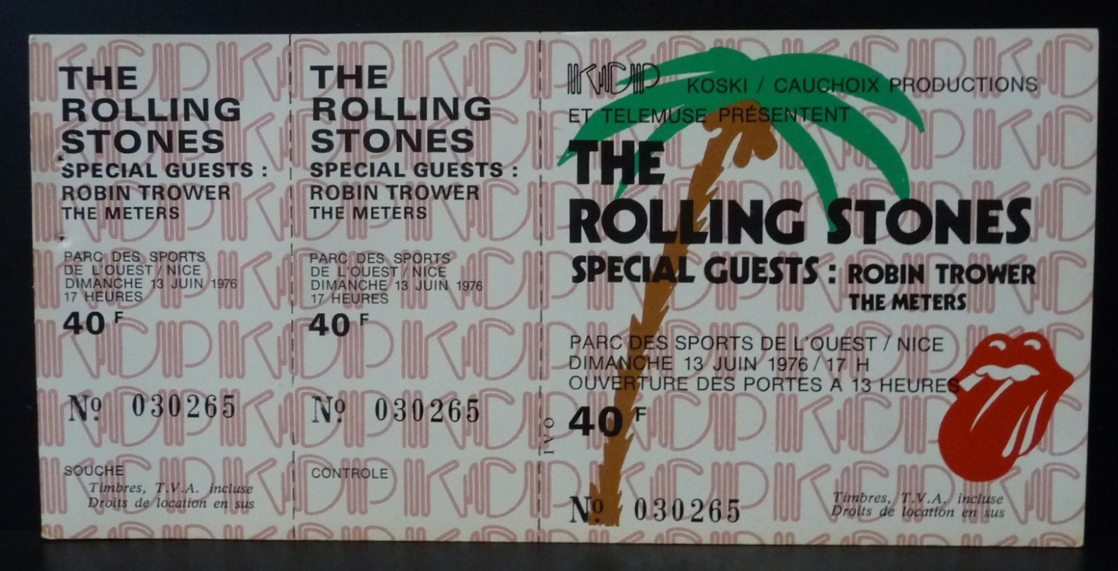 RARE Rolling Stones Unused 3-Piece Concert Ticket 1976 Nice France -Mick Jagger