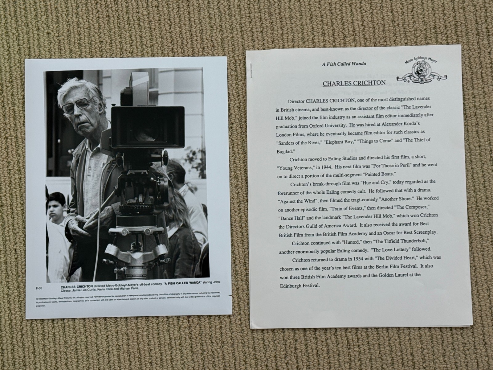 CHARLES CRICHTON still A FISH CALLED WANDO press sheet bio PHOTO film director