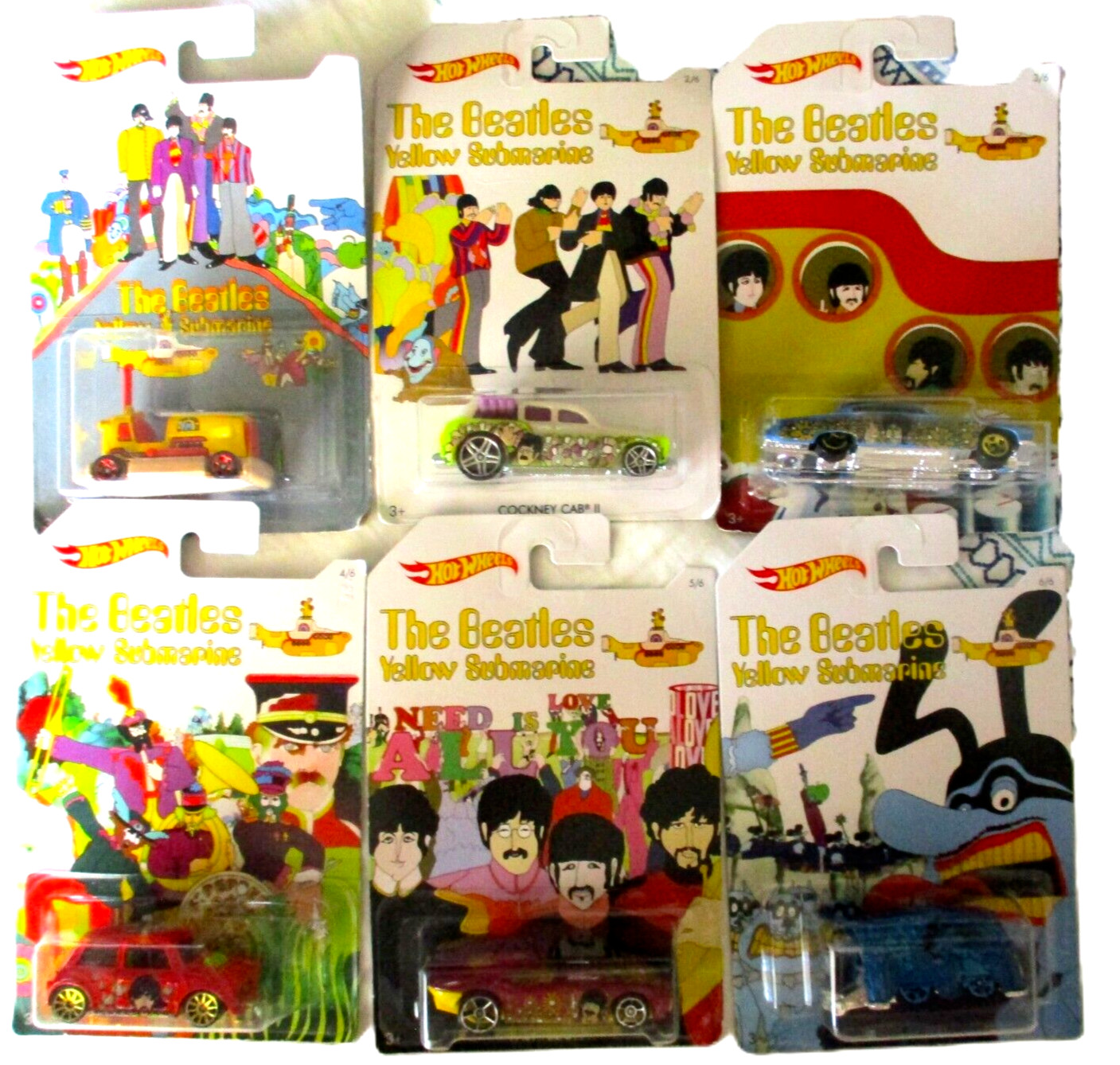 2016 Hot Wheels Diecast Set of 6 The Beatles Yellow Submarine Vehicles, NIB