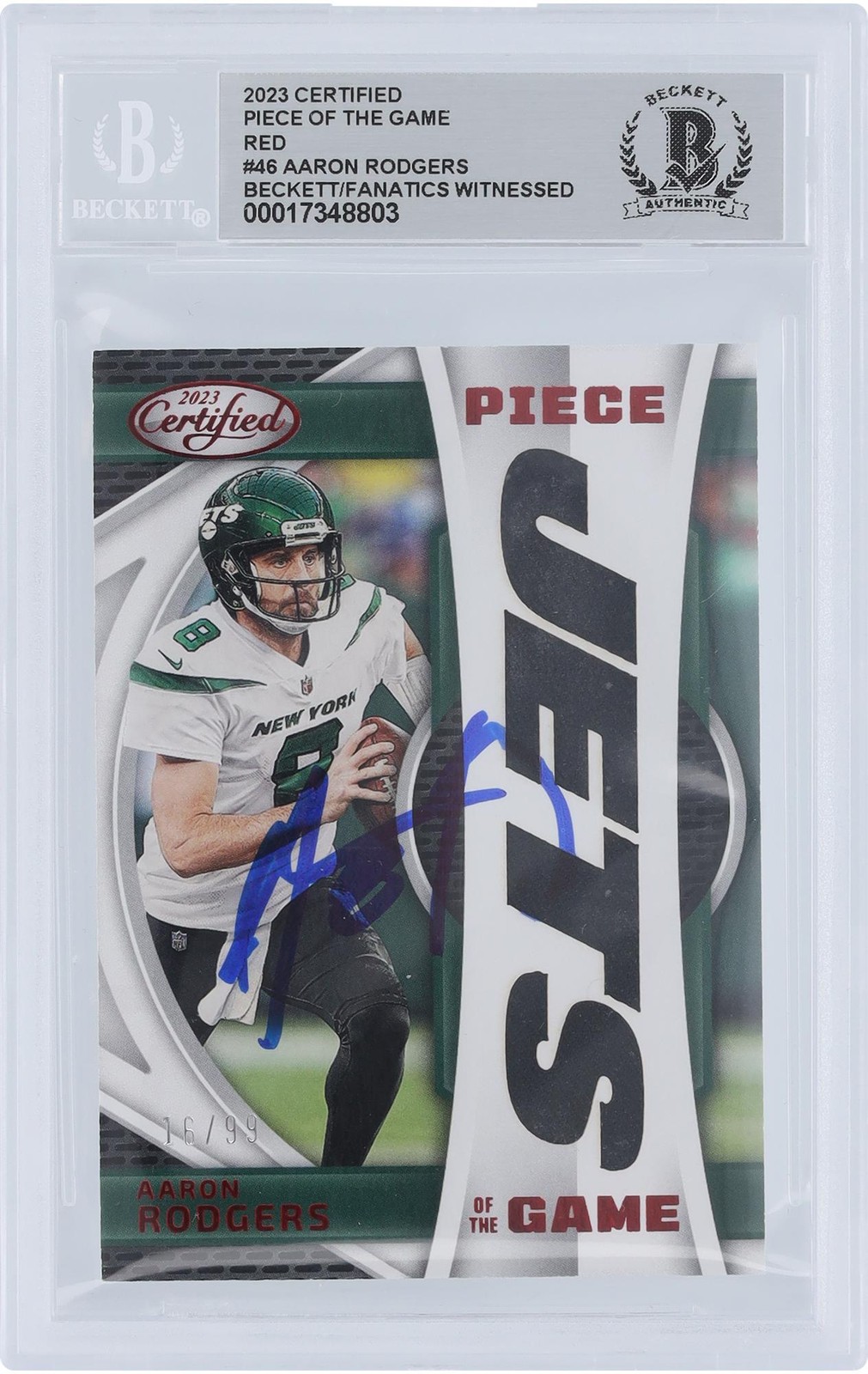 Aaron Rodgers Jets Signed 2023 Panini Certified Piece of Game #POG-46 BAS Card