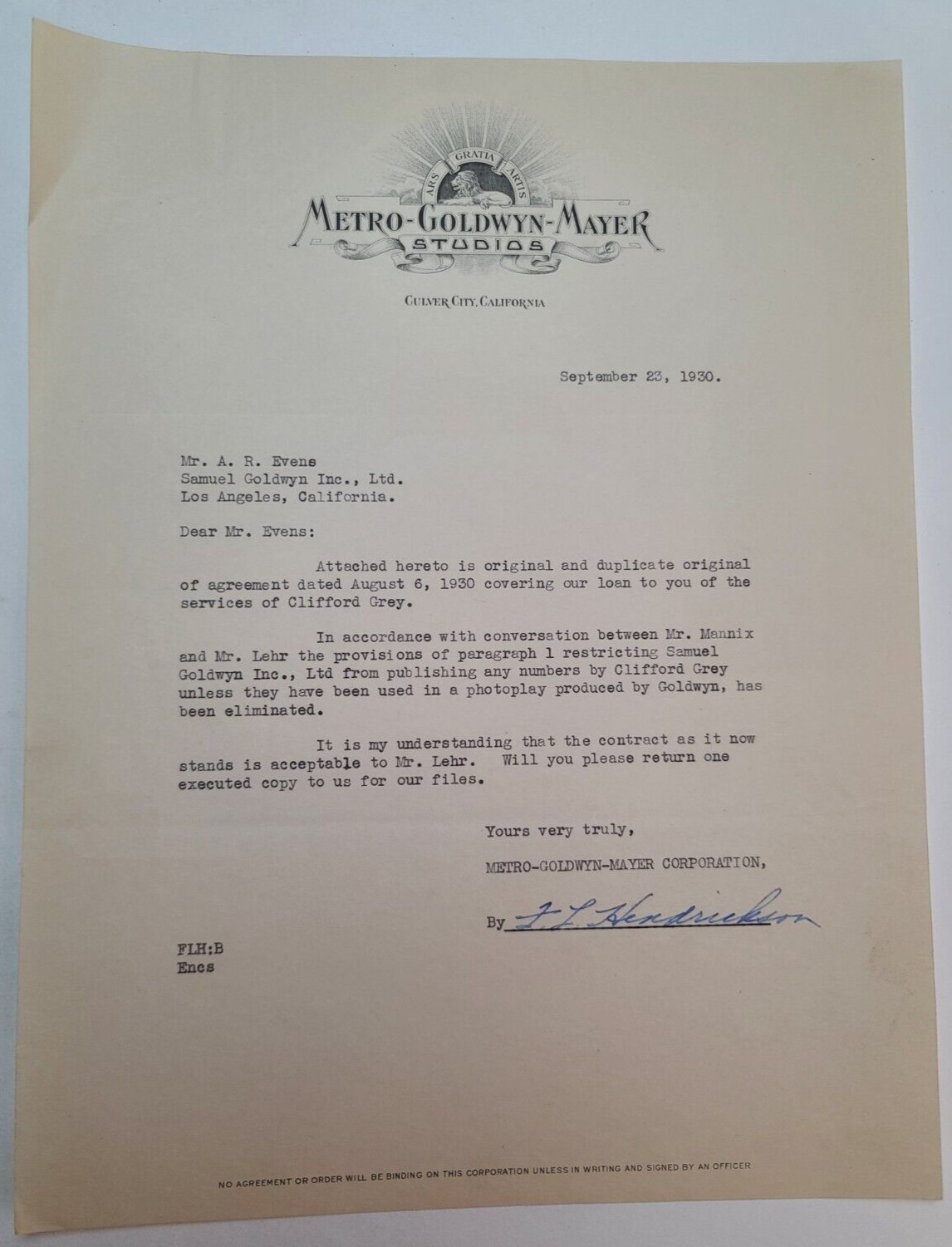 F. L. Hendrickson, 1930 signed MGM document regarding songwriter Clifford Grey