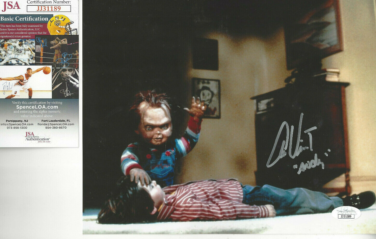 CHUCKY actor Alex Vincent Autographed 8×10 great color photo JSA Certified
