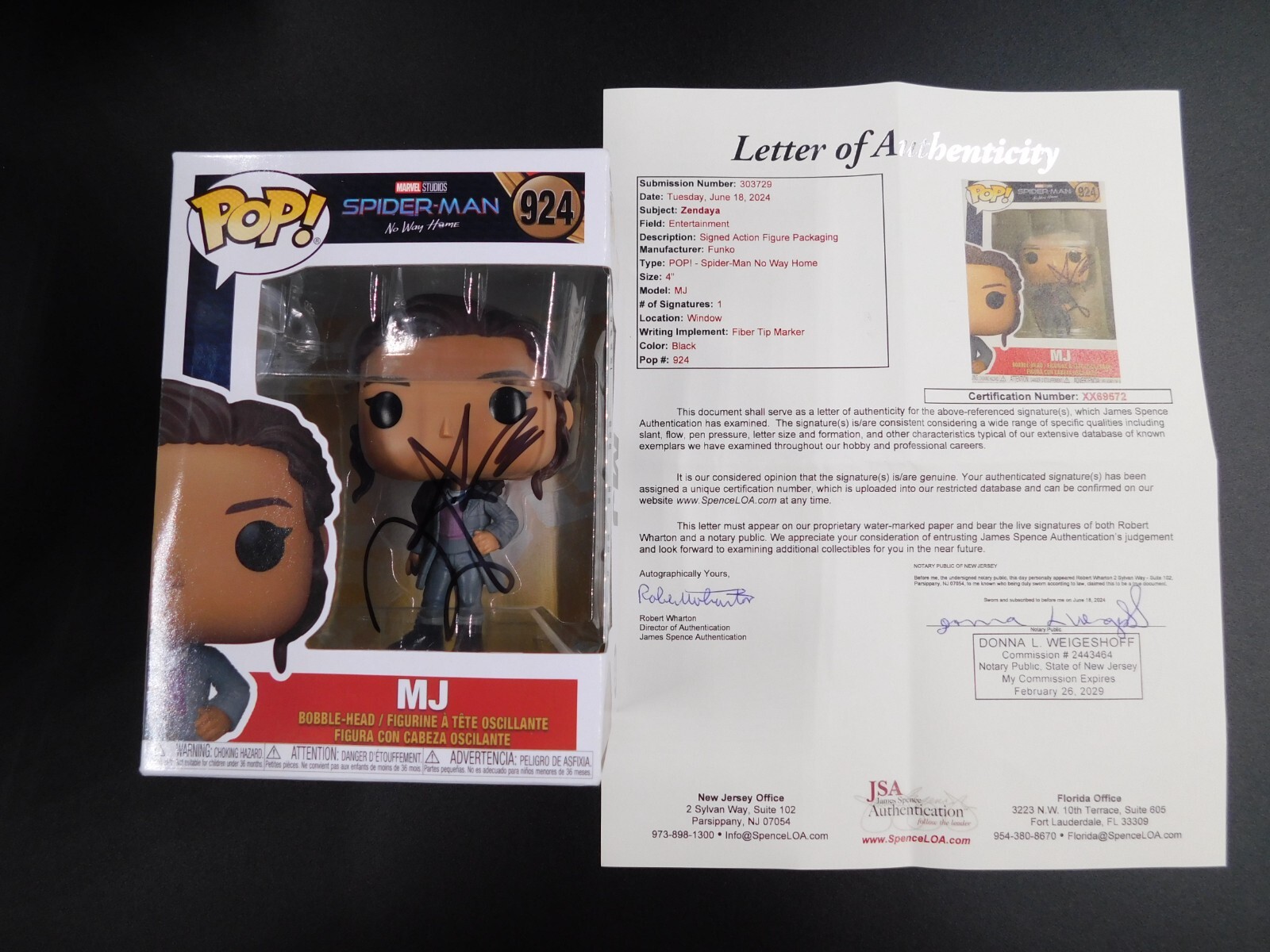 Zendaya Signed Autographed Funko Pop! 924 MJ Spider Man Mary Jane JSA LOA COA A