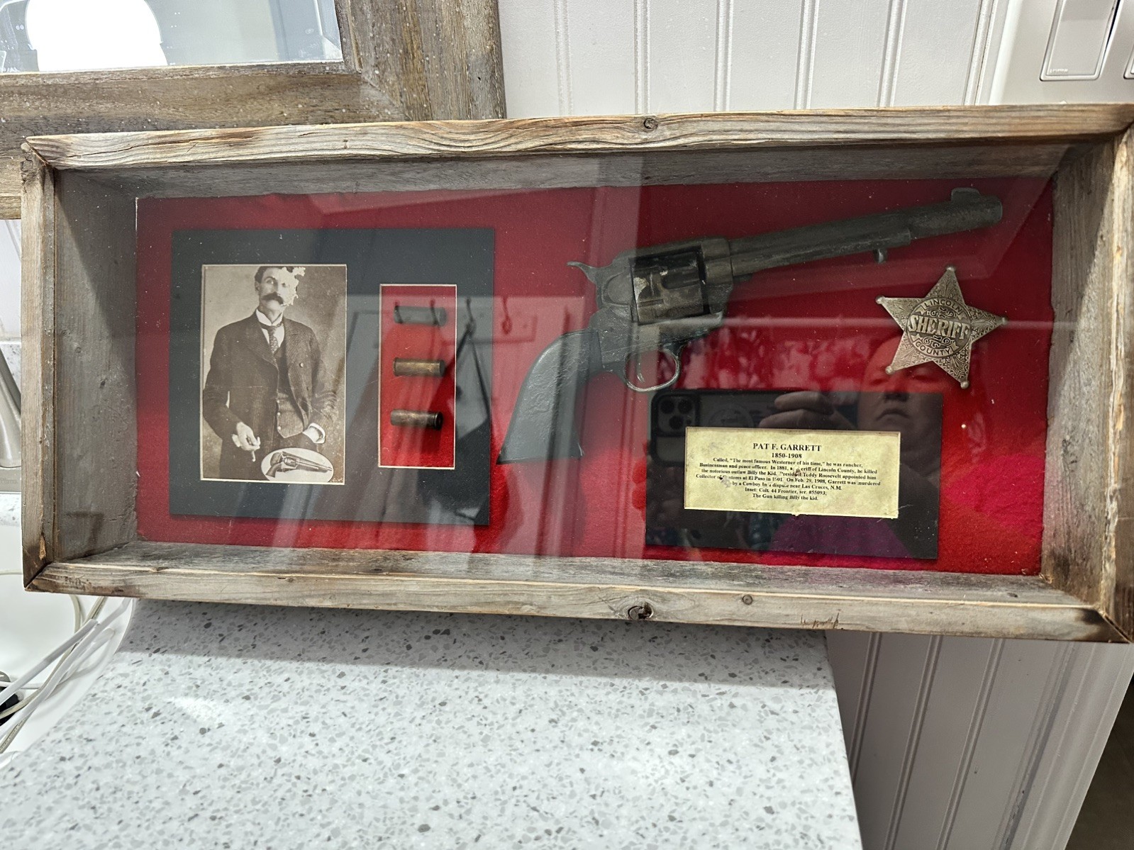 “Rustic Wood Pat Garrett Display Case – Perfect for Western Decor & Collectors”