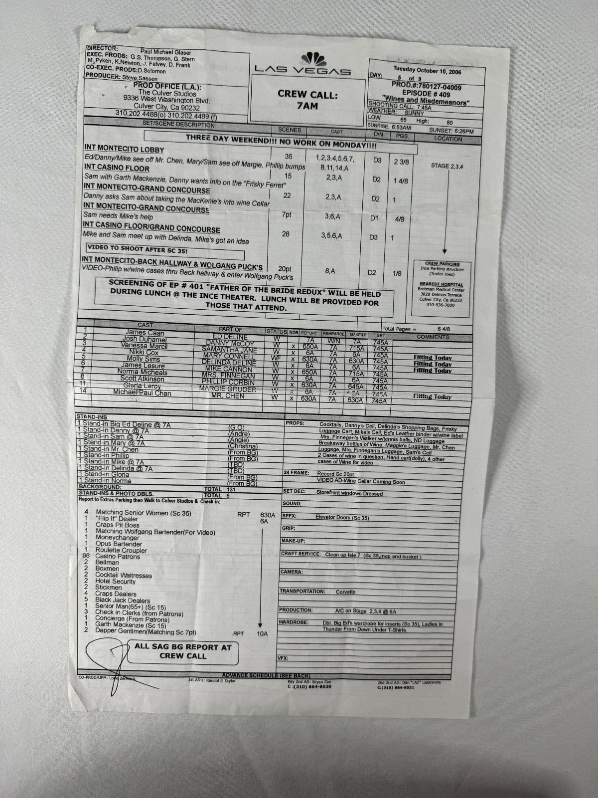 Las Vegas Tv Show Production Used Call Sheet