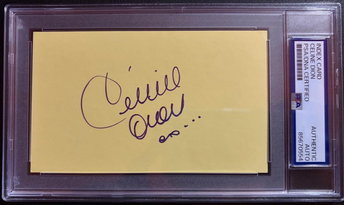 CELINE DION SIGNED AUTOGRAPH INDEX CARD ENCAPSULATED PSA POWER BALLADS UNISON A