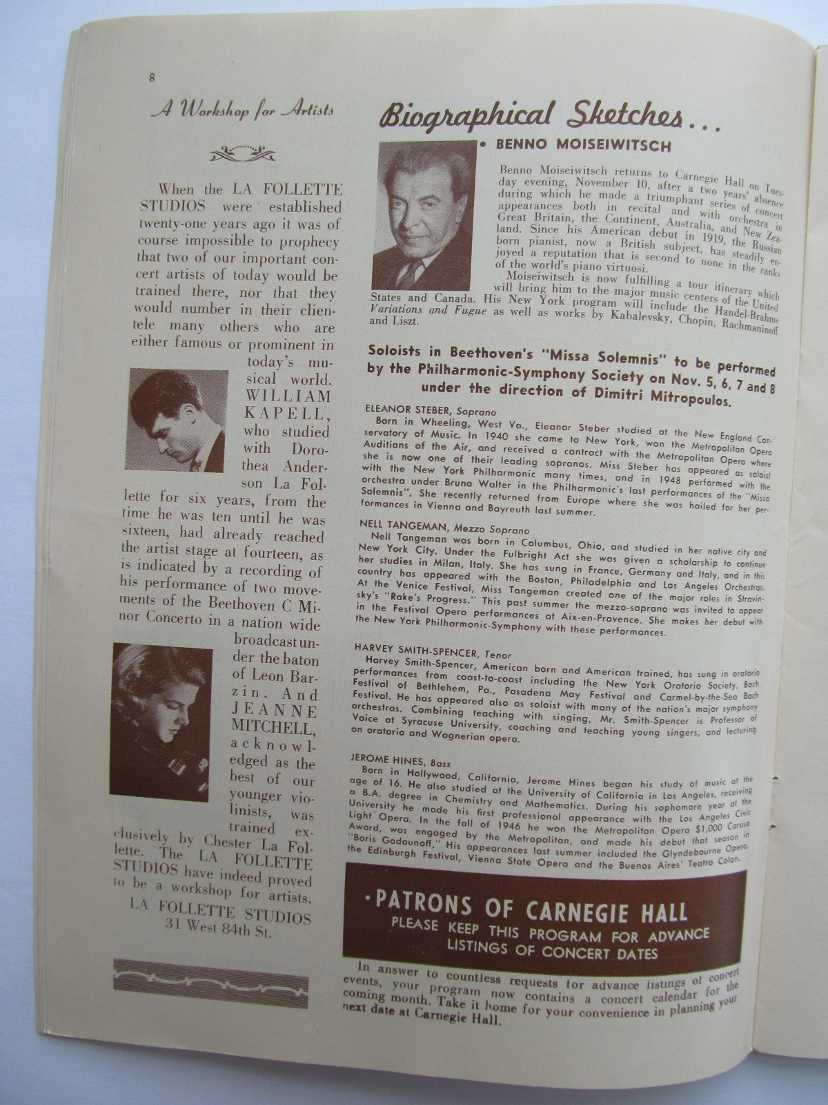 New York Philharmonic – 1953 Programs – Carnegie Hall-Steber, Hines, Mitropoulos