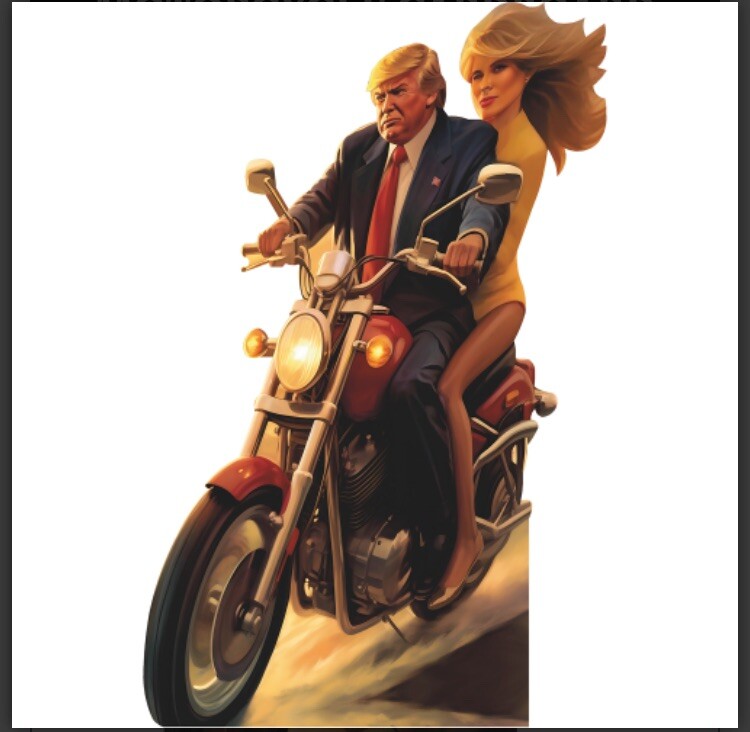 Donald Trump and Melania on Motorcycle Life Size Cardboard Cutout Free Shipping!