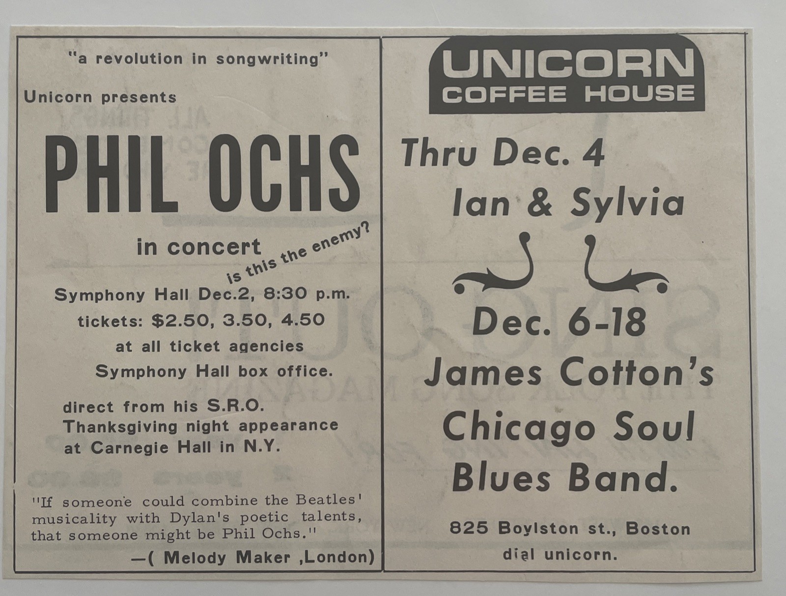 1966 PHIL OCHS , Symphony Hall Boston Mass, UNICORN COFFEE HOUSE Concert Ad