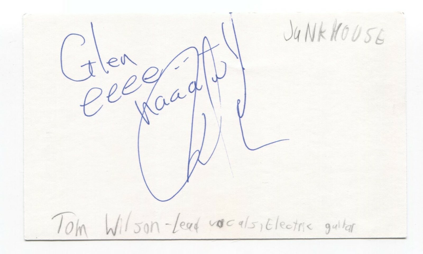 Junkhouse – Tom Wilson Signed 3×5 Index Card Autographed Signature