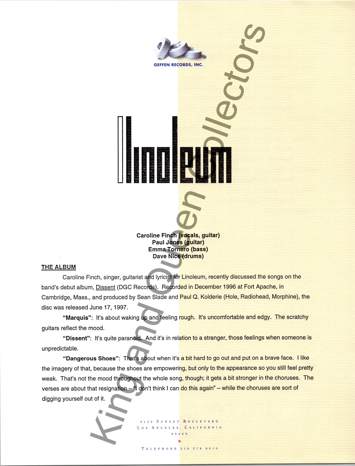 Linoleum 1997 Original Geffen Records, Inc Press Kit Album Information Sheet