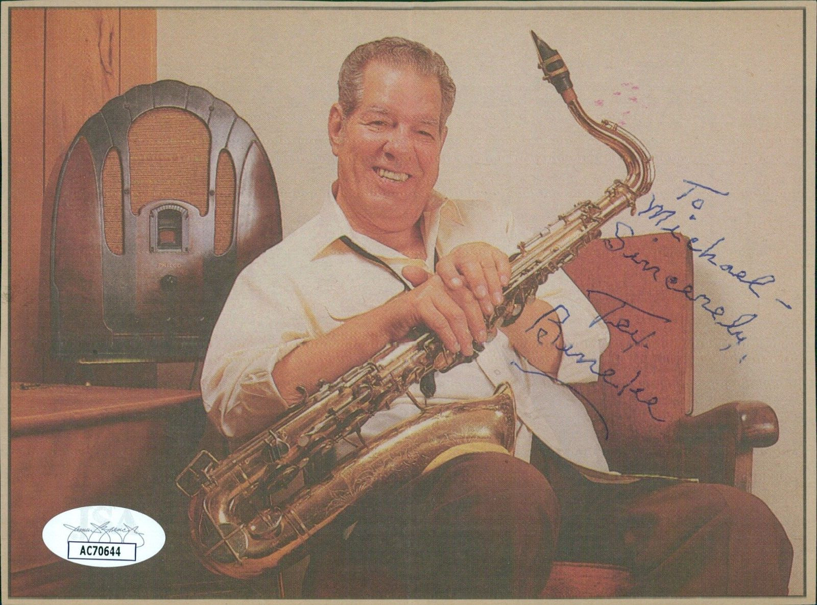 Tex Beneke Saxophonist Bandleader Signed 5×6.5 Cut Page JSA Authenticated