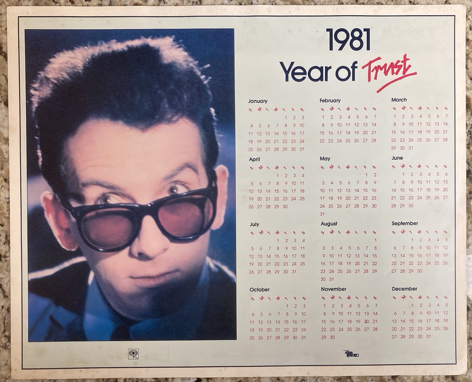 ELVIS COSTELLO 1981 Trust PROMO Calendar POSTER 14×18