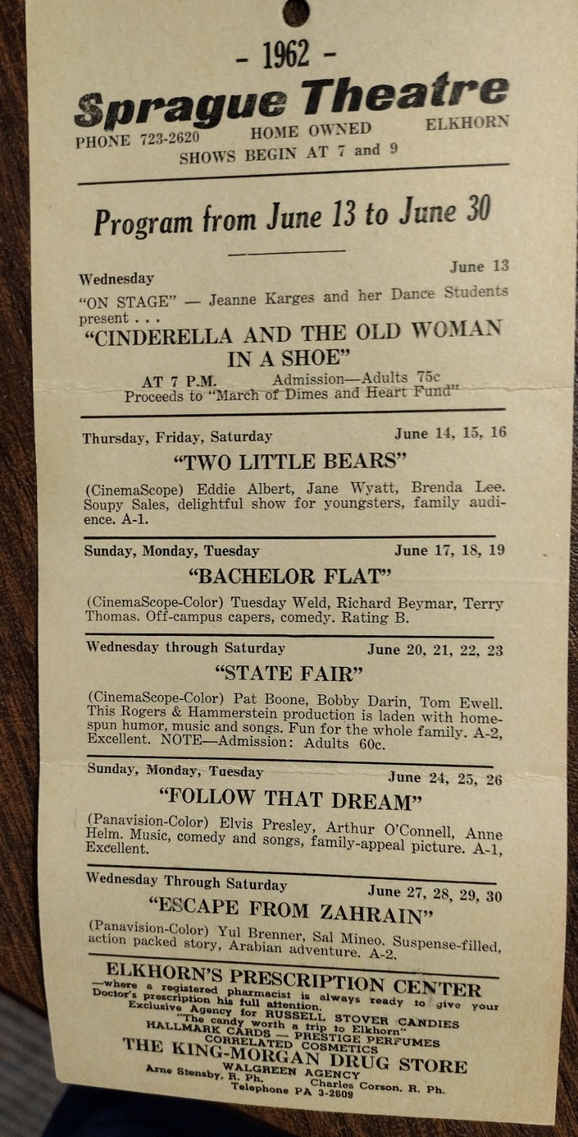 1962 Sprague Theatre Program Flyer Elkhorn WI ELVIS PRESLEY FOLLOW THAT DREAM