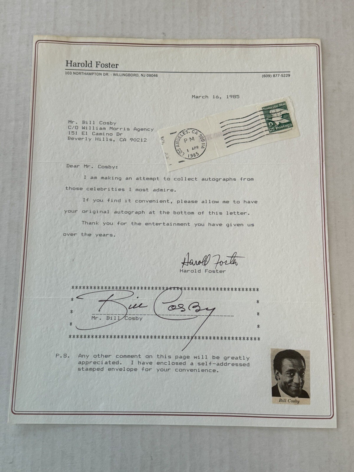 RARE Bill Cosby Vintage 1985 Signed Autograph Fan Request Letter Page Show HTF