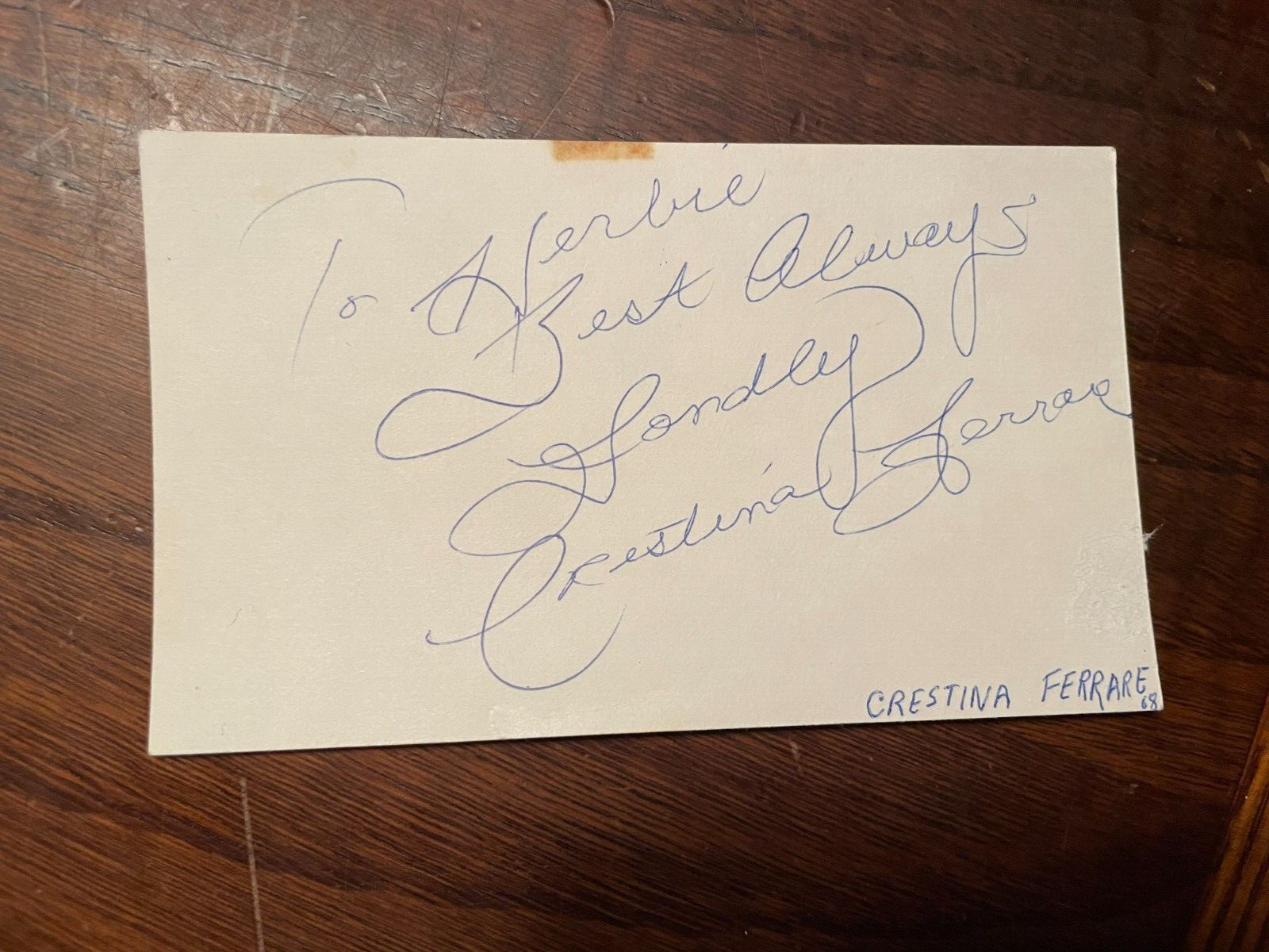 1968 CHRISTINE FERRARE MODEL JOHN DELOREAN SIGNED INDEX CARD CUT