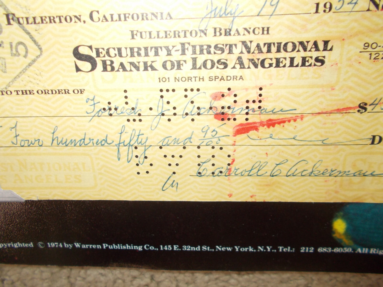 FORREST ACKERMAN SIGNED CHECK + FAMOUS MONSTERS 1974 POSTER