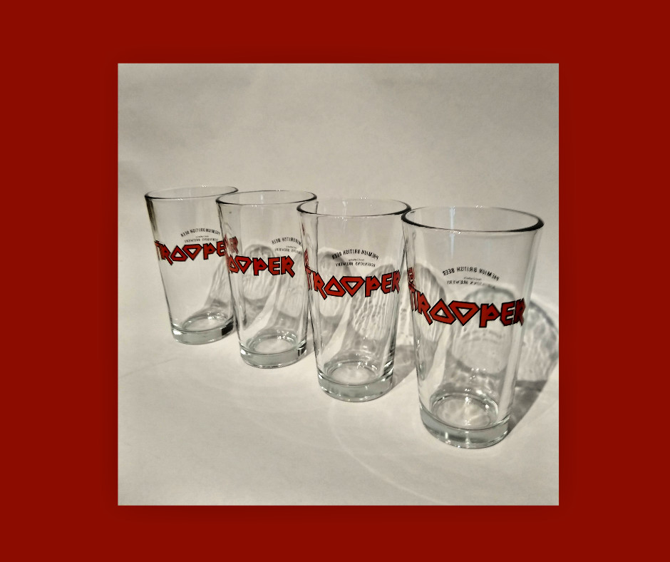 IRON MAIDEN TROOPER BEER BAR – 1 PINT GLASS – ROBINSONS BREWERY / 2 GLASS SET