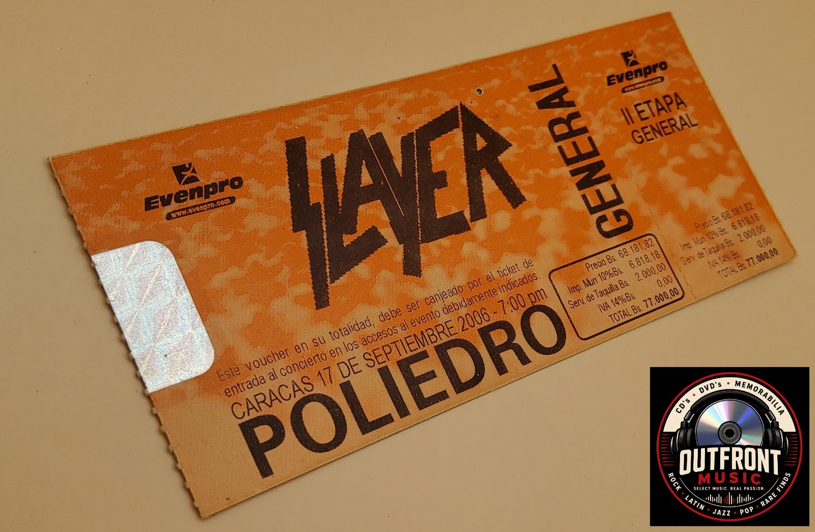 Slayer Concert Ticket Stub Caracas Venezuela 2006 Poliedro Rare Memorabilia