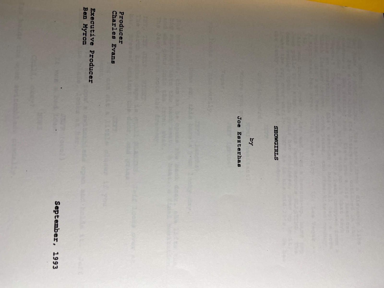 SHOWGIRLS, orignal screenplay written by Joe Eszterhas September, 1993 draft