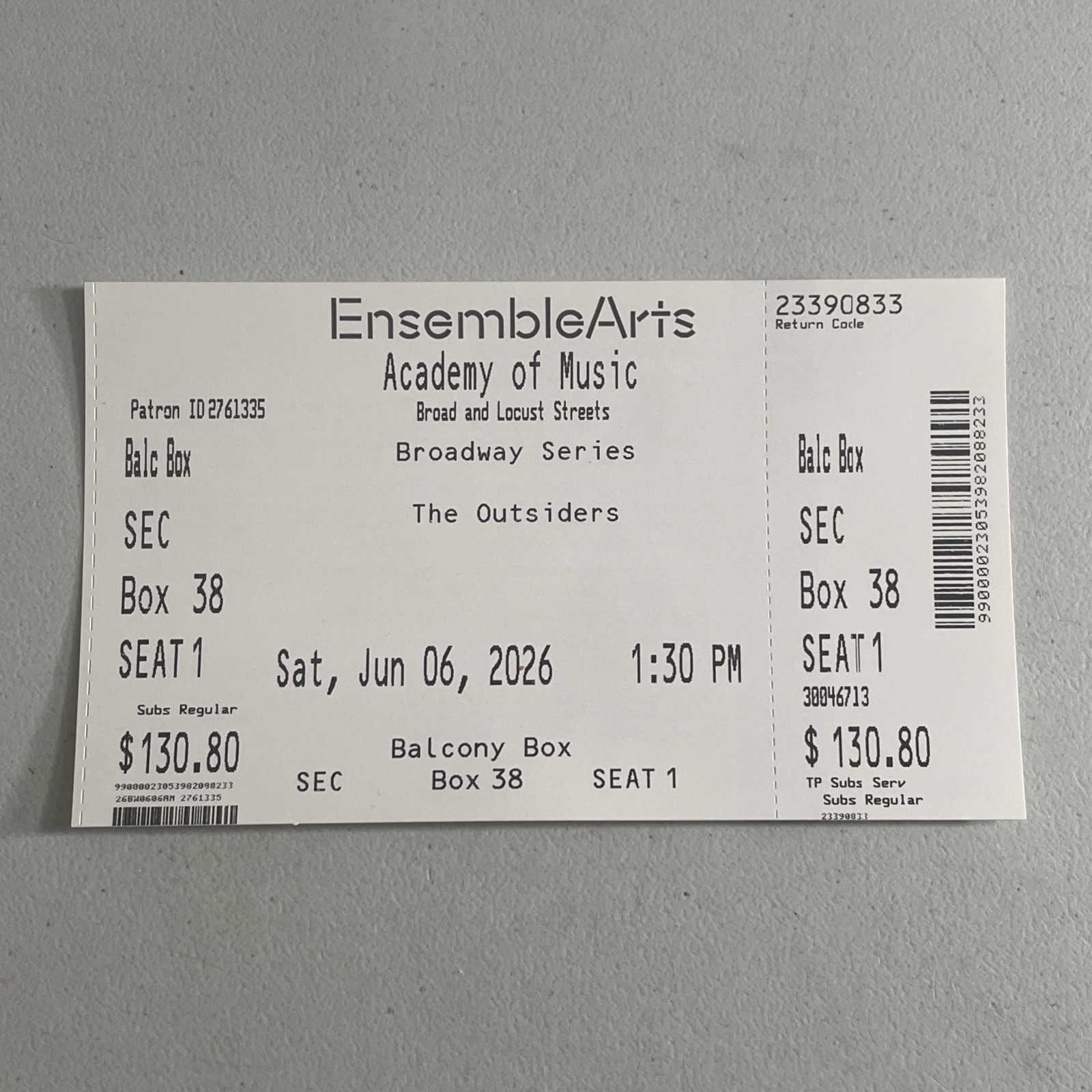 EnsembleArts Academy of Music Philadelphia Outsiders Musical Ticket Stub 6/6/26