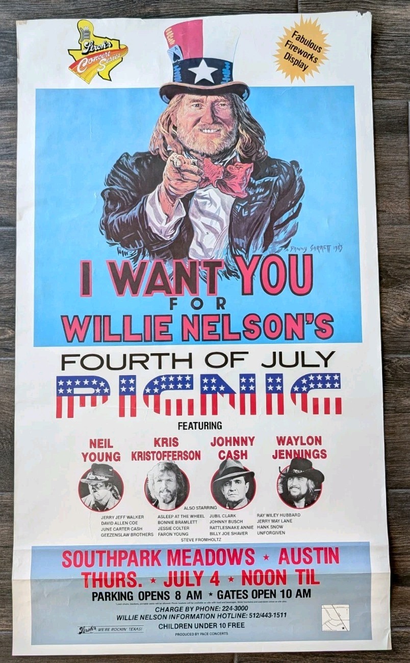 Original Poster Willie Nelson 4th of July Picnic Johnny Cash Waylon Austin, 1983