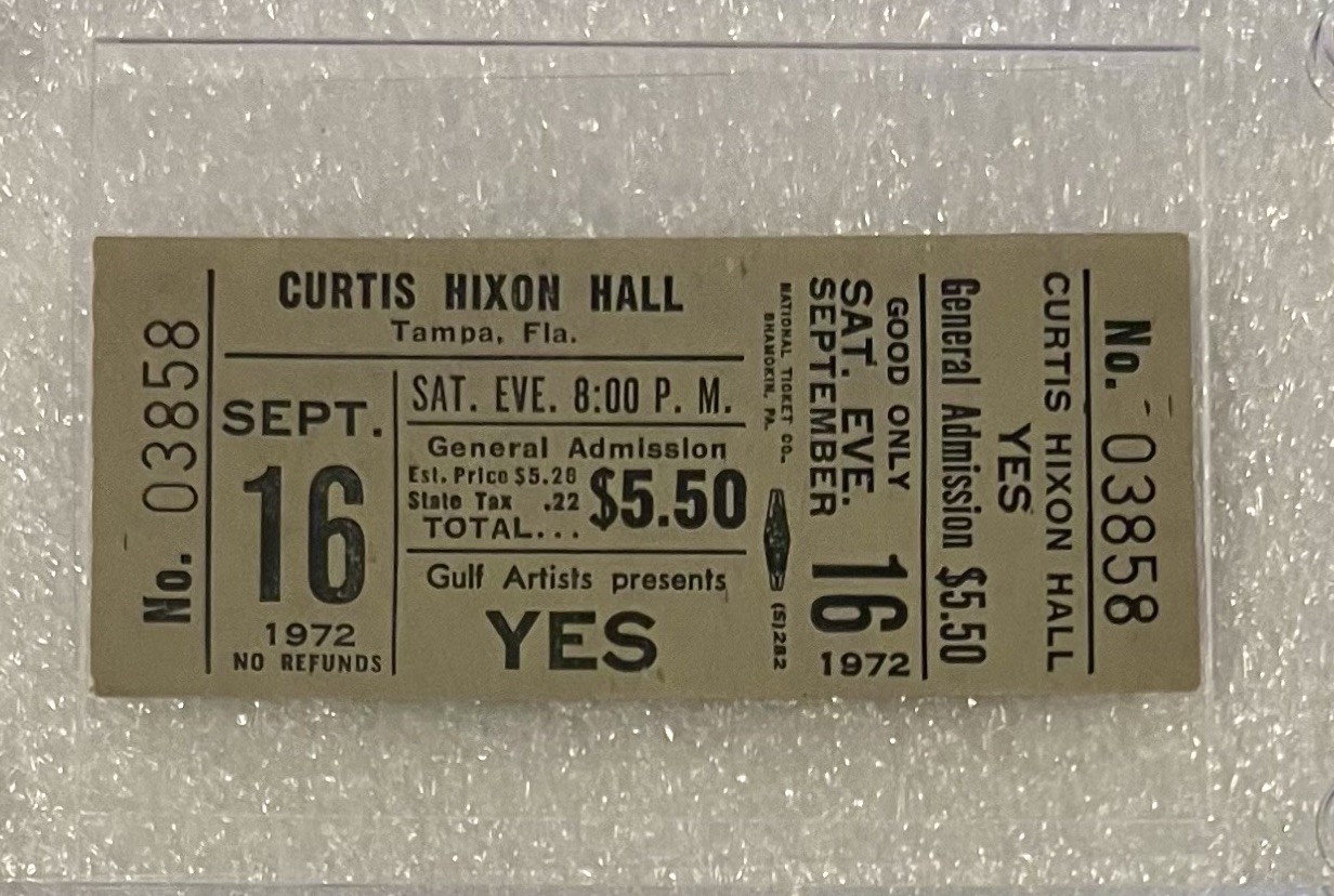 YES (Band)September 16, 1972 Unused Concert Ticket_Curtis Hixon Hall Tampa…