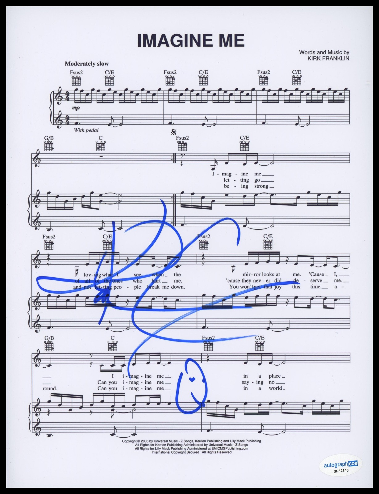Kirk Franklin “Hero” AUTOGRAPH Signed ‘Imagine Me’ 8.5×11 Sheet Music ACOA