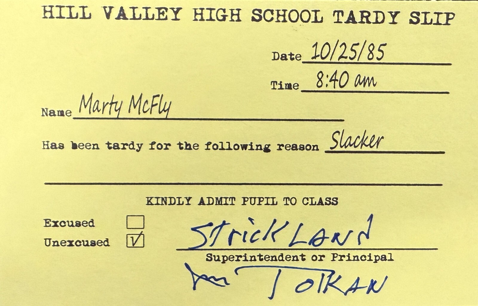 James Tolkan Signed Back to the Future Prop Replica Tardy Slip Autograph Beckett