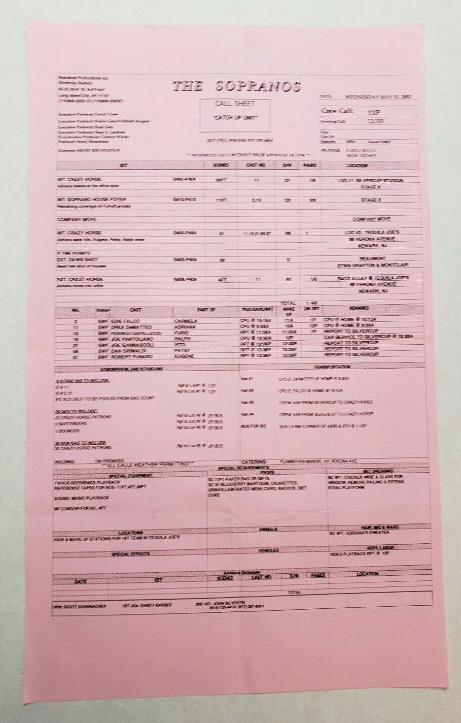 THE SOPRANOS / May 15, 2002 CALL SHEET used by the Catch Up Unit during filming