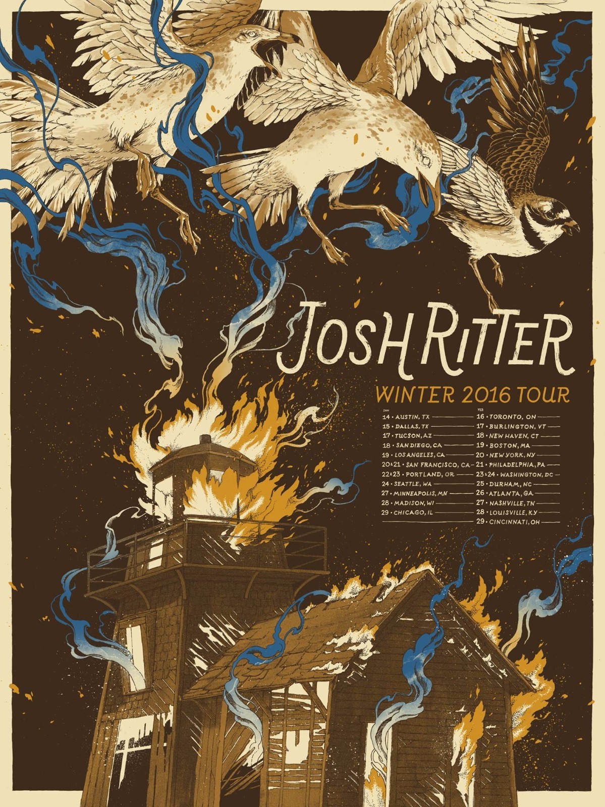 JOSH RITTER “WINTER 2016 TOUR” NORTH AMERICA CONCERT POSTER – Folk, Alt Country