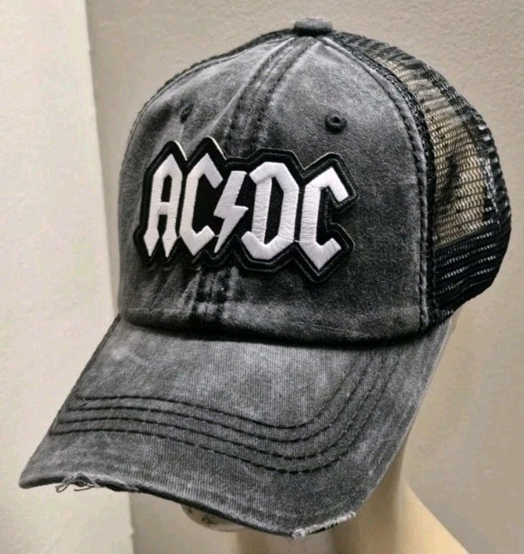 AC/DC Distressed Ball Cap Hat Black & Black Mesh Hat AC/ DC Hat
