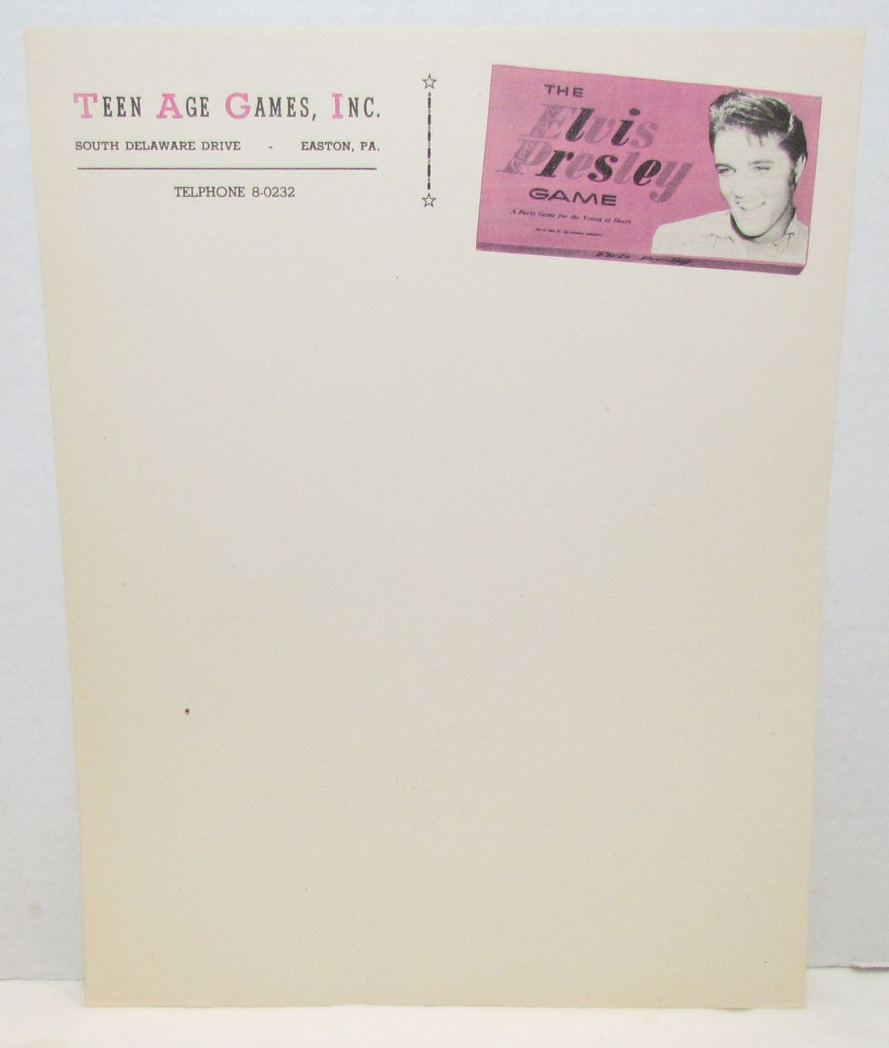 1956 Elvis Presley Game, unused advertising letterhead from Teen Age Games, Inc