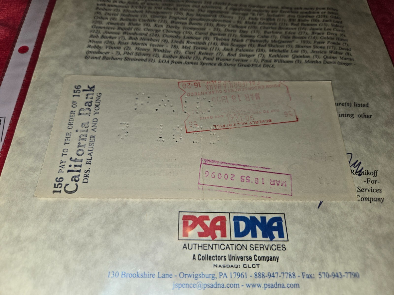 GEORGE H ENGLUND SIGNED PERSONAL CHECK DATED 1955 WITH PSA/DNA BLANKET LETTER