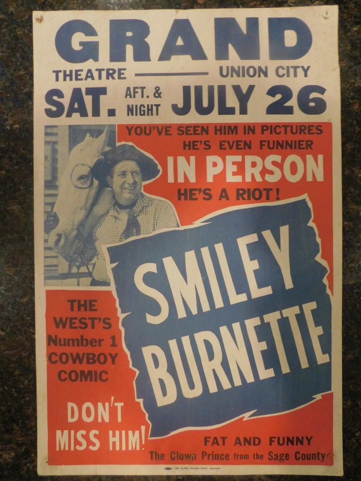 SMILEY BURNETTE Original Stage Performance Poster, 17″ x 26″, C7 Fine/Very Fine