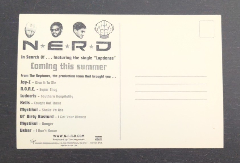 NERD 2000 Promotional Postcard Sticker Virgin Records Lapdance CD Promo Hip Hop