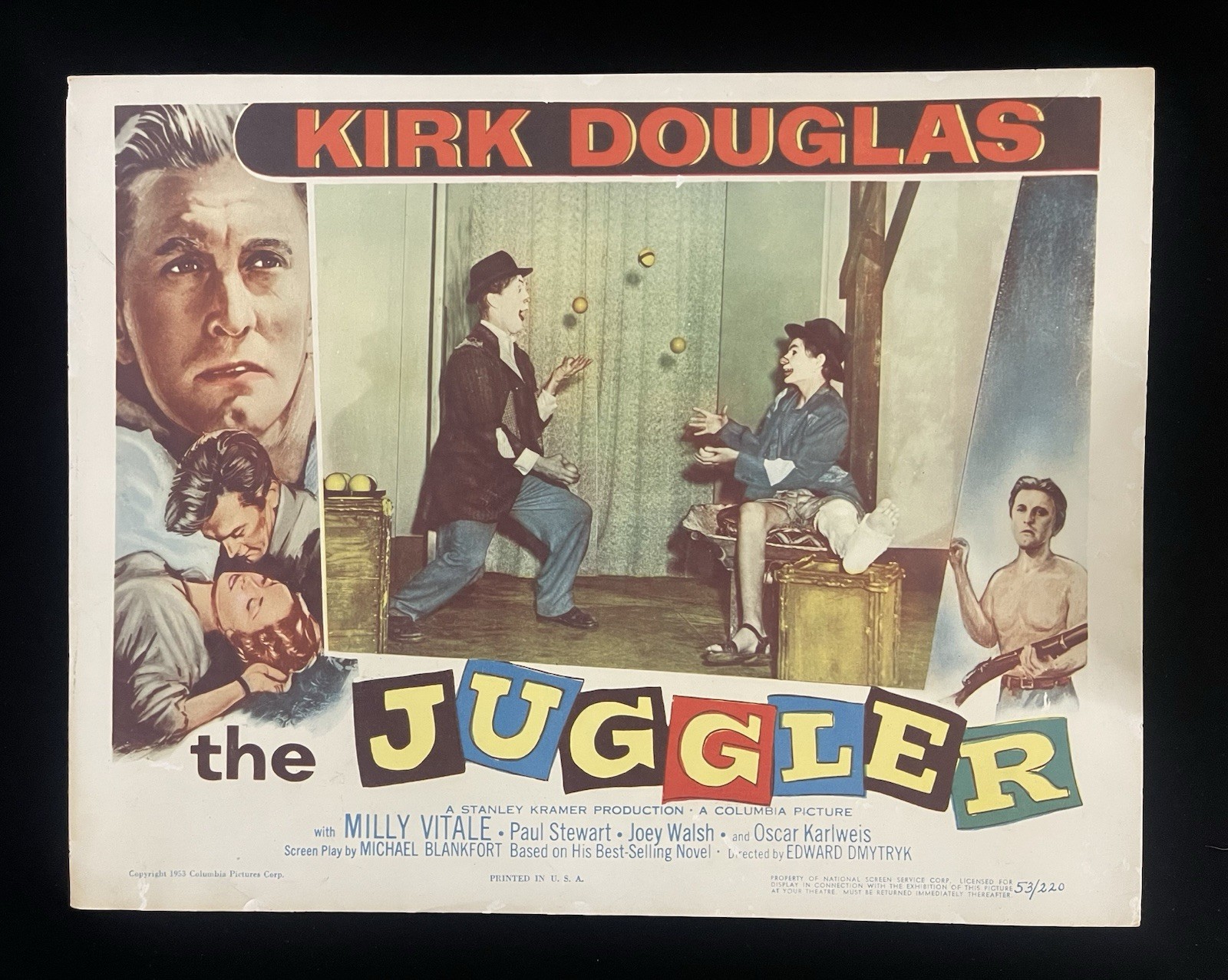 Original Vintage Lobby Card THE JUGGLER w/ Kirk Douglas 1953 Full Size 11×14”