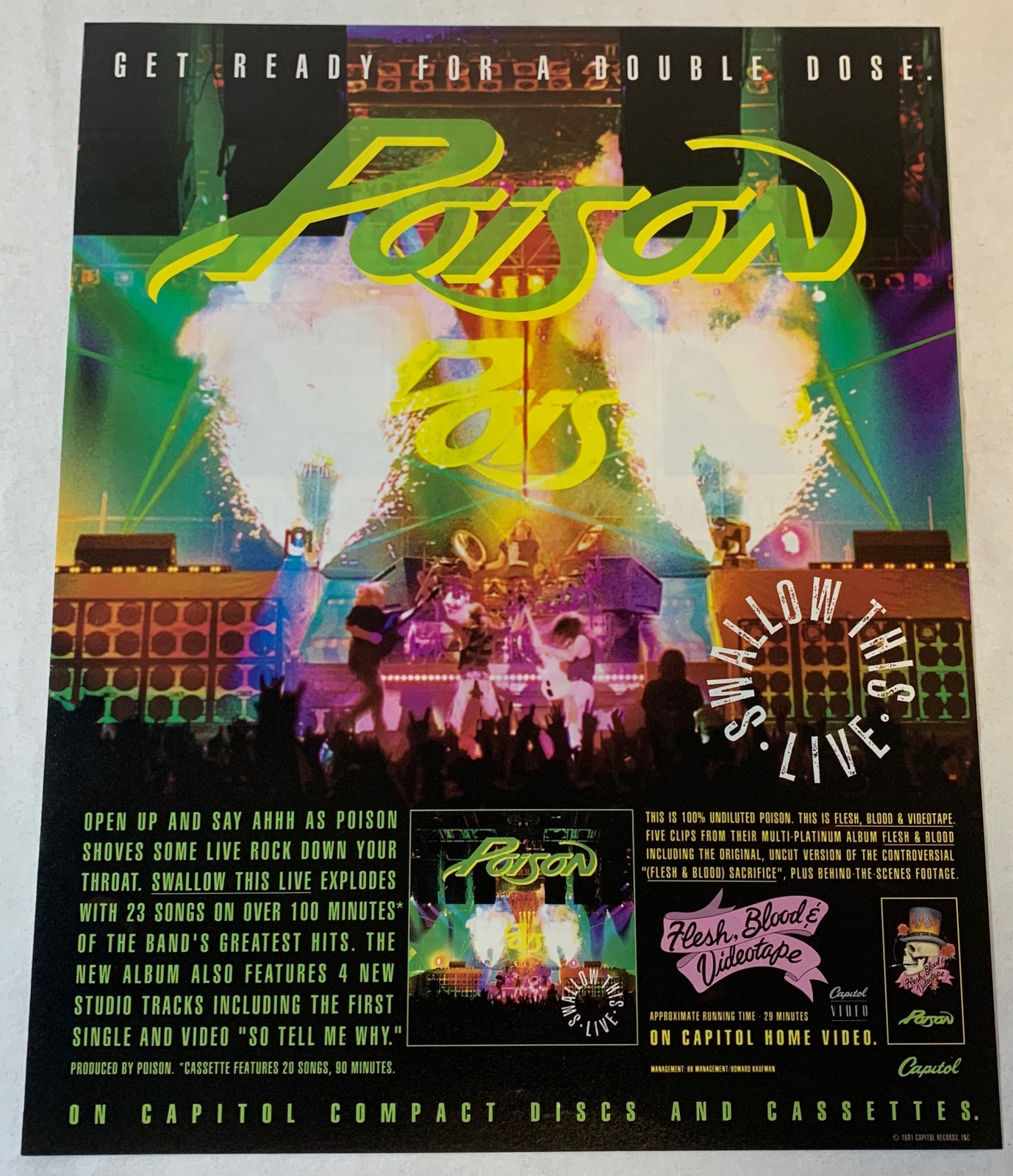 1991 music industry trade ad~ POISON Swallow This Live, Flesh Blood Videotape
