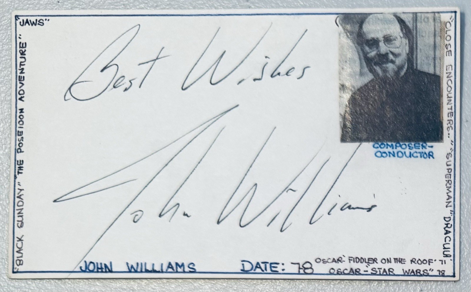 John Williams Vintage 1978 Signed Autographed 3×5 Card SWAU Cert Star Wars