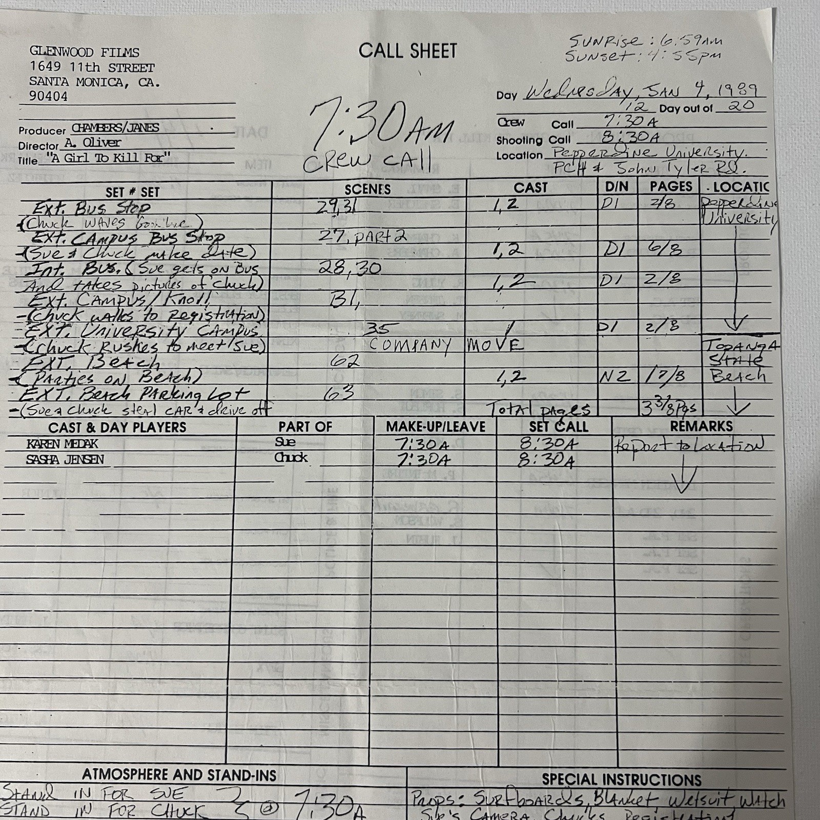 Original Movie Film Production Lot Script Notes Cue Sheets A Girl To Kill For